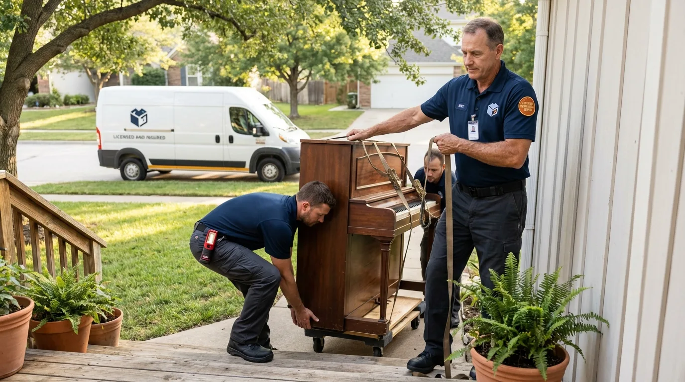 Licensed piano movers securing grand piano in Glen Lyon, PA
