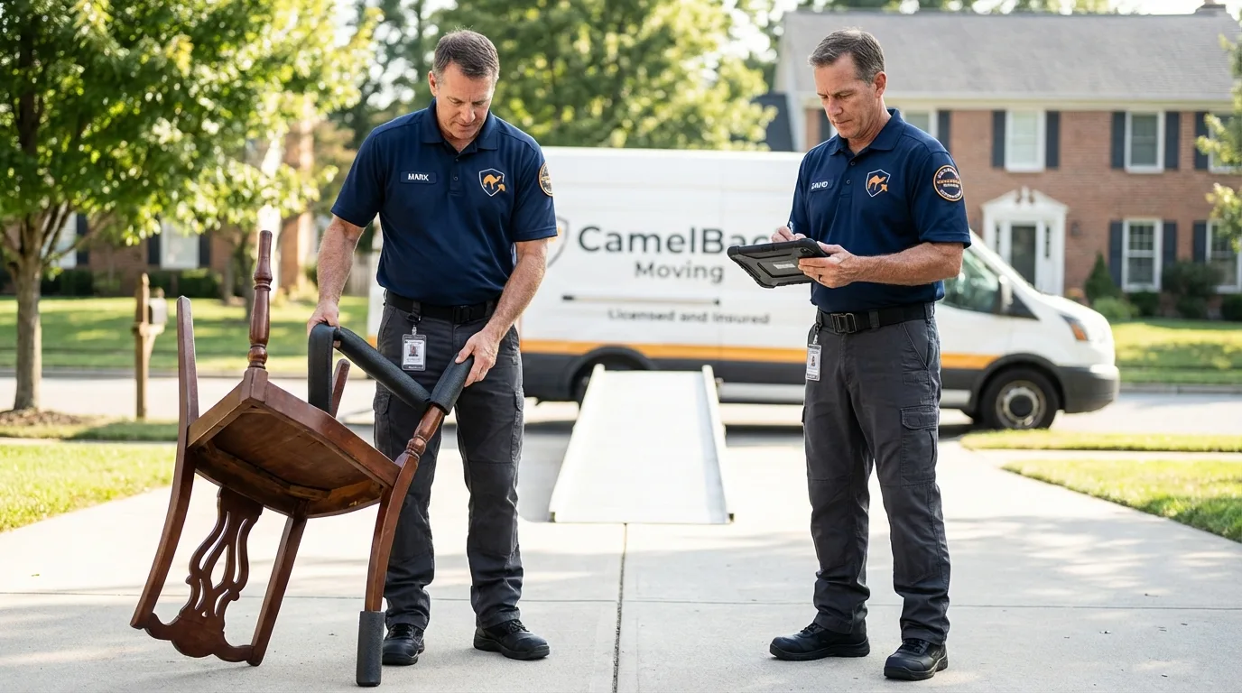 Movers inspecting furniture for damage prevention before loading in Glen Lyon, PA