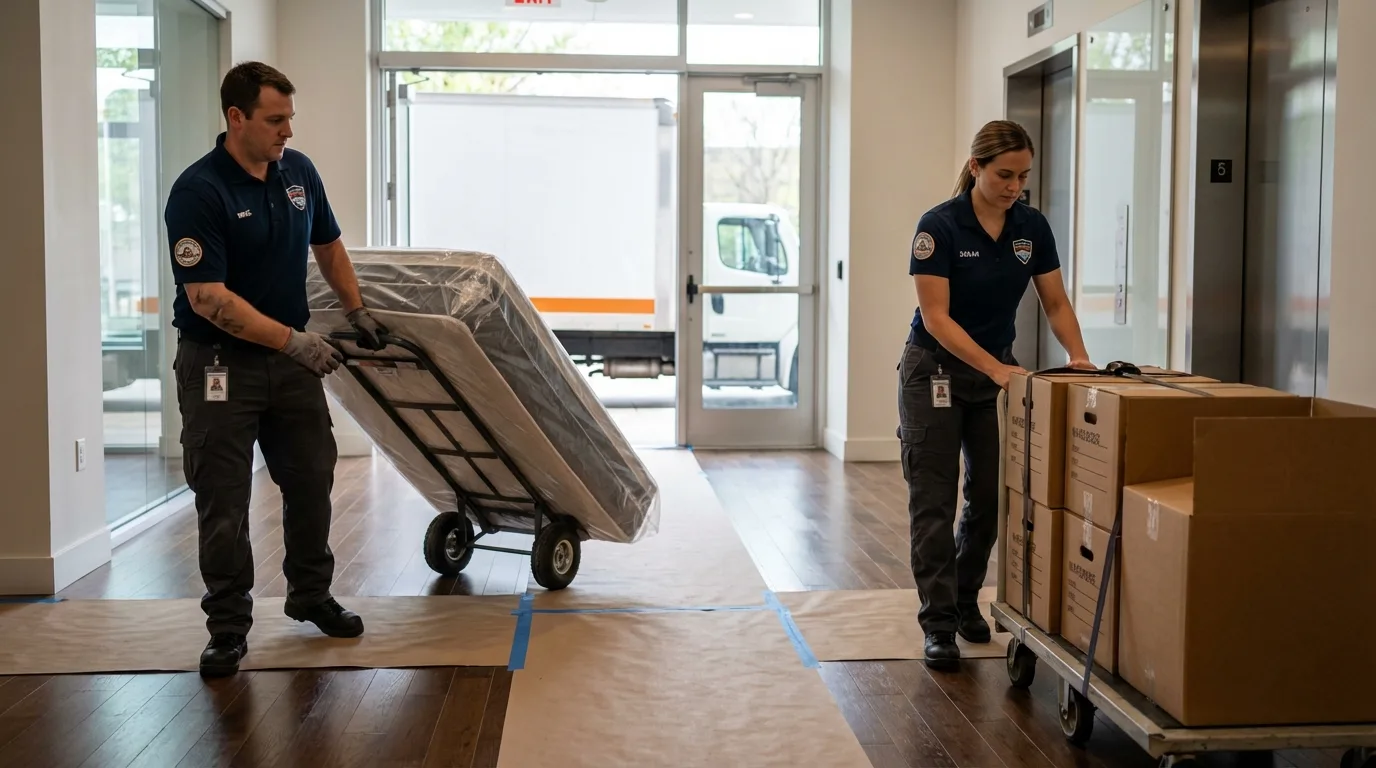 Professional apartment movers loading elevator in Glen Lyon, PA